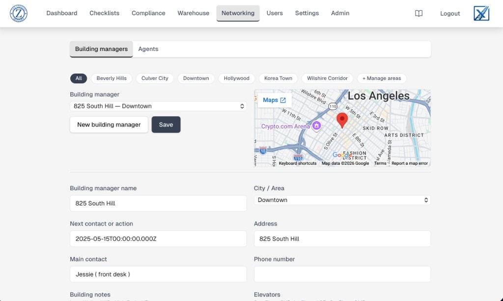 Networking screen with building managers list, embedded map, and contact details