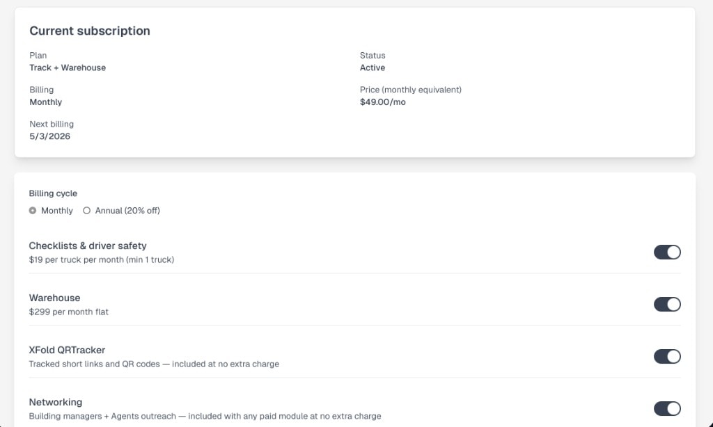 Customer-facing subscription management screen with module toggles and billing cycle
