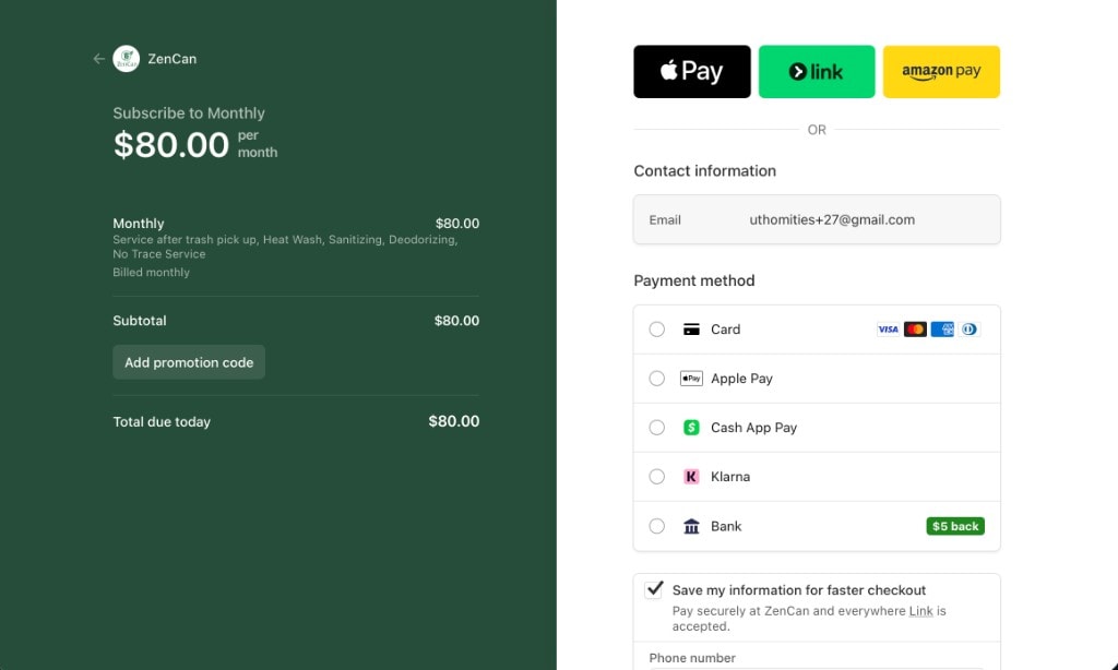 Hosted Stripe checkout with Apple Pay, Link, Amazon Pay and saved payment methods